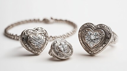 Antique-style platinum jewelry set with heart-shaped diamonds and floral engravings on earrings, necklace, and matching ring, isolate on white background