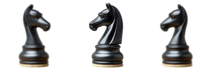 Three Elegant Black Chess Knights in a Row, Showcasing Intricate Details and Craftsmanship in a Classic Game Setting on transparent background