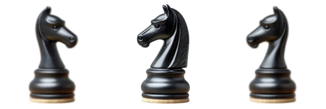 Three Elegant Black Chess Knights in a Row, Showcasing Intricate Details and Craftsmanship in a Classic Game Setting on transparent background