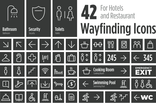 Mega hotel and restaurant wayfinding vector icon set
