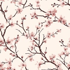 Pink Cherry Blossom Floral Seamless Pattern on White Background
