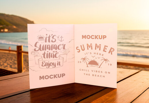 Mockup on Wooden Table by the Beach at Sunset