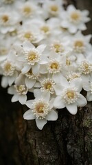 Fototapeta premium Close-up of Delicate White Flowers on Tree Bark
