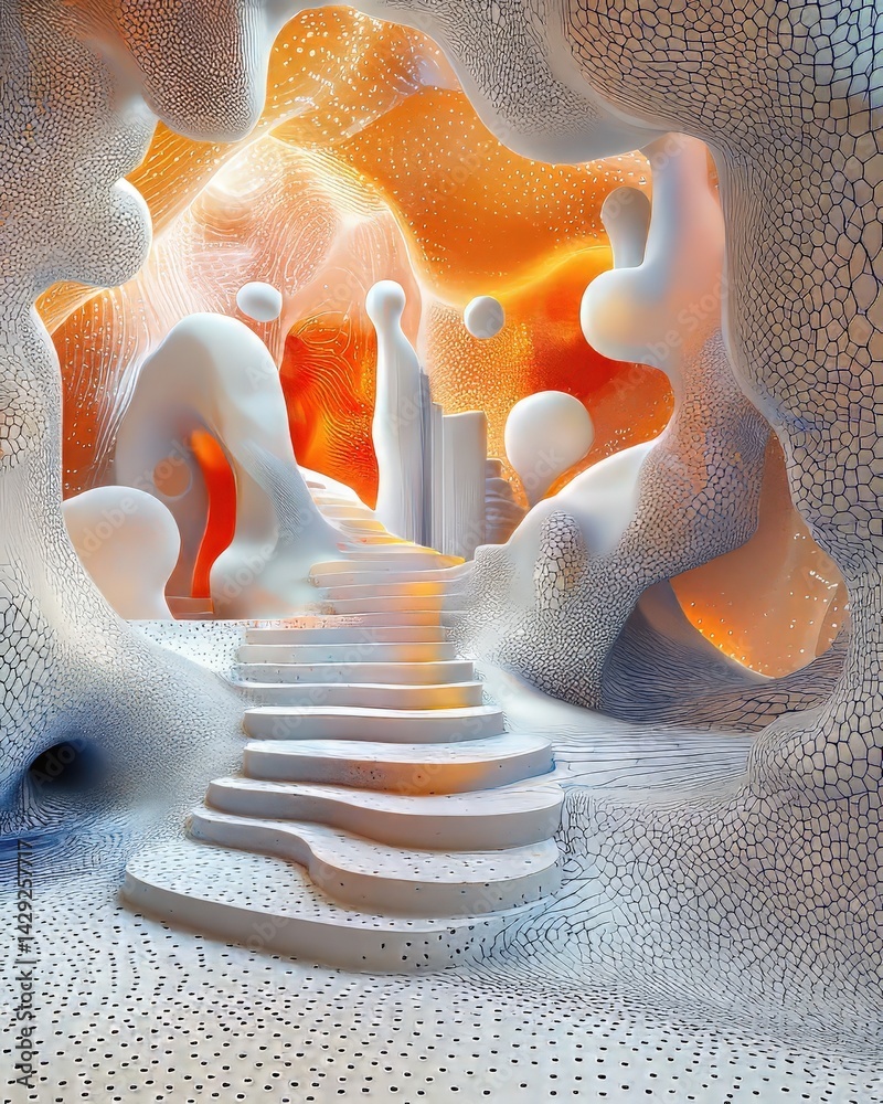 Fototapete digital rendering of a white curved staircase descending into a textured cavern with glowing orange 