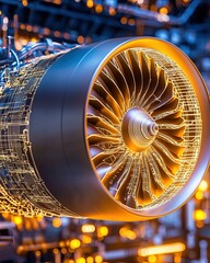 Wireframe jet engineering model close up view of a modern turbine engine showcases intricate design and engineering, highlighting the synergy of technology and performance in aerospace.