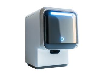 Sleek futuristic medical device with glowing blue interface isolated on black background High tech on transparent background