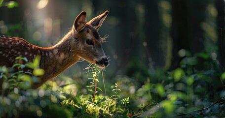 a nature photo of a roe deer eating small shoots in the forest, photo from the side and from a distance 