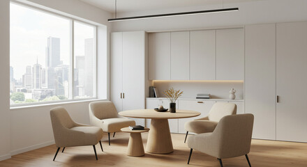 Modern minimalist apartment city view light beige armchairs around wooden table soft natural