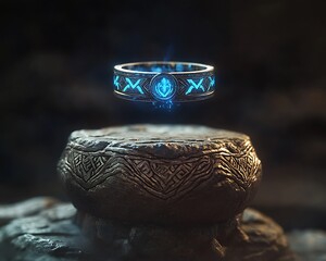 Sacred ring with radiant blue runes levitating above a ritualistic stone High metallic sheen hyper-detailed engravings