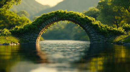A serene waterway flows beneath an ancient moss-covered stone bridge, symbolizing the passage of time, historical connection, and the enduring bond between nature and human craftsmanship.

