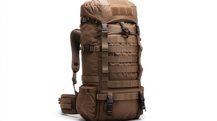 High-performance tactical backpack with compression straps, water-resistant material, and adjustable shoulder straps, isolate on white background