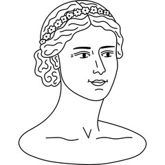 Lovely doodle Greek sculpture of goddess bust. Antique silhouette of young woman with hand drawn outline. Ancient classical head female statue from marble. Trendy sketch doodle of Roman heritage.