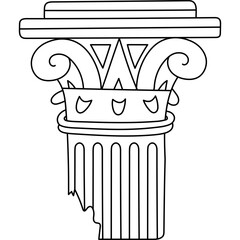 Lovely black and white antique Greek pillar with ruined bottom. Classical elegant marble column of Roman architectural temple, museum, capital. Hand drawn doodle of ancient architecture heritage.
