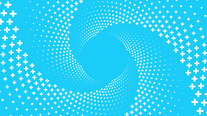 Blue background with a swirling pattern of white plus signs