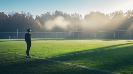 Tranquil morning scene on a soccer field with a solitary figure.