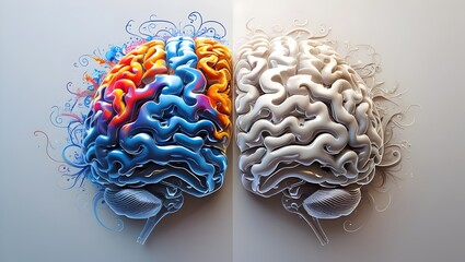 Surreal brain tree in a desolate land and a determined person watering it using a sprinkling can. Man splashes the green shrub using a water pot, taking care of mental health. Human mind concept