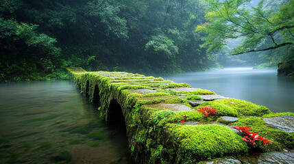 A serene waterway flows beneath an ancient moss-covered stone bridge, symbolizing the passage of time, historical connection, and the enduring bond between nature and human craftsmanship.

