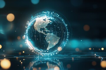 Obraz premium AI-powered machine networks. Digital globe with glowing connections against a dark background, symbolizing technology and globalization.