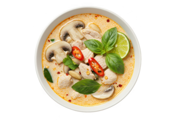 A bowl of tom kha gai soup with mushrooms and lime garnish