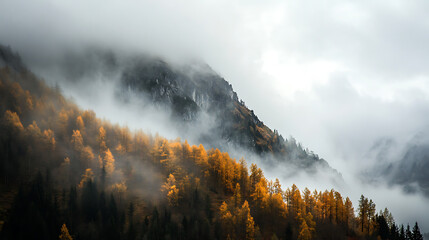 Misty Mountain Landscape With Autumnal Forest And Foggy Peaks Breathtaking Mountainscape With Golden Trees And Dense Cloud Coverage Serene Alpine Scene