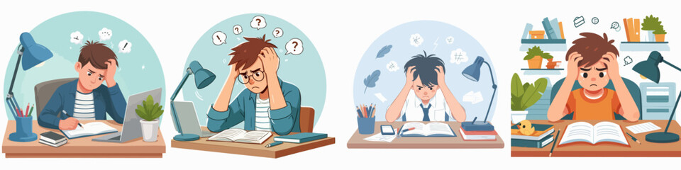vector set of young men stressed while studying