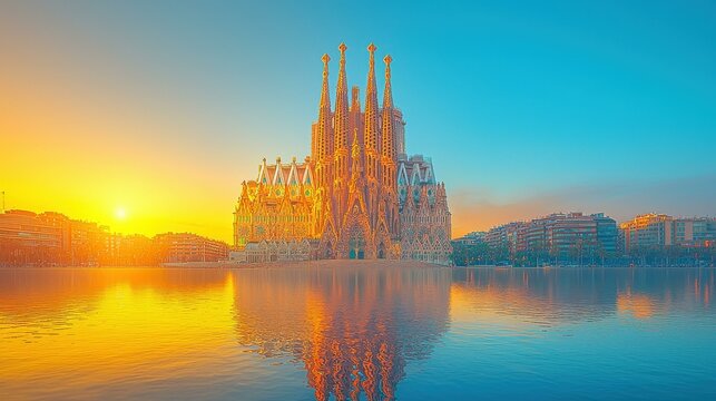 Towering architectural wonder reflected on calm waters at sunrise showcasing intricate design and golden light