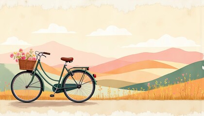 Obraz premium Bicycle by country road with hills and sky, peaceful countryside scene