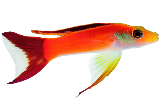 Vibrant Red and Yellow Tropical Fish Swimming Gracefully in Clear Water on transparent background