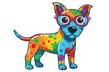 Colorful artistic dog  with colorful paint splatters on white background
