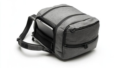 Urban commuter backpack with hidden laptop compartment, smooth zippers, and ergonomic padding, isolate on white background