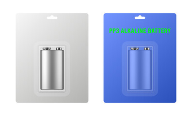 PP3 alkaline battery in a package with transparent window and hanging hole. Realistic mockup