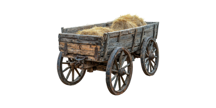 Vintage Wooden Cart Filled With Hay. Rustic Agricultural Transport Isolated On Transparent Background