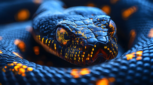 Snake with digital code in the background, symbolizing Python programming and tech skills
