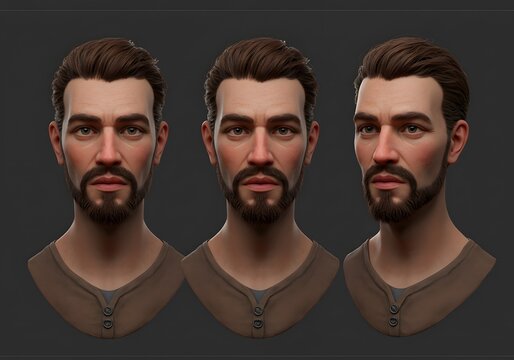 Realistic 3D Male Head Model Three-Quarter View Variations for Animation and Game Development