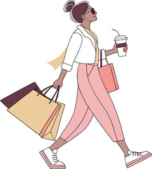 Stylish Woman Walking with Shopping Bags and Coffee