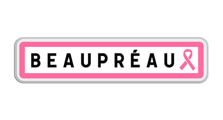 Panneau de sortie de Beaupréau, Maine-et-Loire, Pays de la Loire avec Ruban Octobre Rose