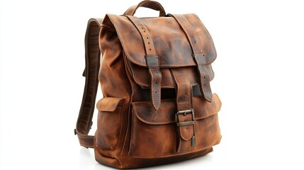 Premium leather backpack with minimalist design and multiple interior compartments, isolate on white background