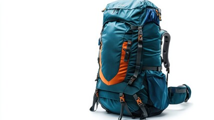 High-performance trekking backpack with top-loading design, padded waist belt, and rain cover, isolate on white background