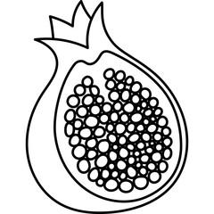 Lovely outline pomegranate cut in half with juicy yummy seeds. Hand drawn autumnal healthy fruit with grains isolated on white background. Trendy food doodle for poster design, media, branding.