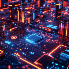 Fototapeta premium Futuristic Circuit Board Neon Glowing Microchips Cyberpunk Cityscape Intricate Electronic Components Red and Blue Light Trails High-Tech Architecture Digital Landscape