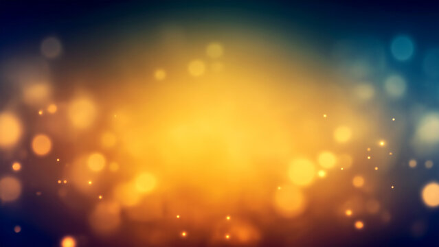 Soft focus abstract background with a central warm yellow/golden glow fading into darker blue edges. Scattered bokeh lights and sparkling particles create a luminous effect.