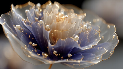 Abstract fractal flower with radiant blue, white, and gold crystal petals blooms from a glowing pearl center, symbolizing purity, elegance, spiritual growth, and harmony in complexity.

