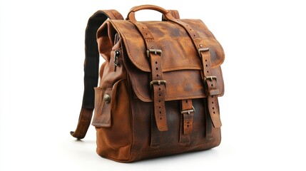 Classic design leather backpack with adjustable shoulder straps and spacious interior, isolate on white background