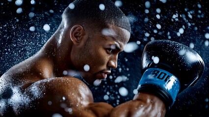 Water splashes around muscular black boxer wearing boxing gloves while training on dark background, creating dynamic and dramatic scene