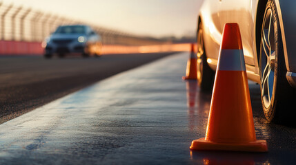 Driving course setup with traffic cones and cars on training track for skill enhancement and safety practice
