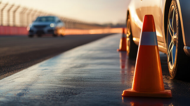 Driving course setup with traffic cones and cars on training track for skill enhancement and safety practice