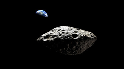 Massive asteroid approaching earth in outer space highlighted against black cosmic background