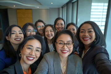 A diverse group of successful Asian women entrepreneurs smiling for a selfie, showcasing empowerment and teamwork.