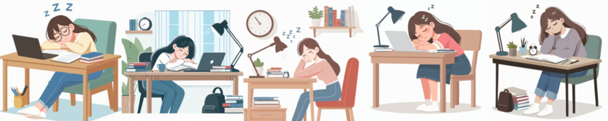 set vector teenagers falling asleep while studying