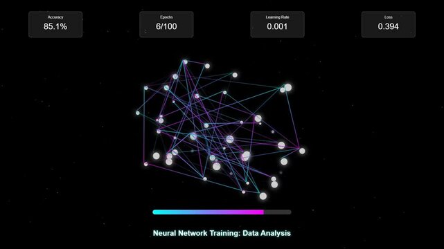 Futuristic animation showing an AI neural network training process with pulsating nodes, data flow, progress bar, and updating statistics. Abstract tech concept.